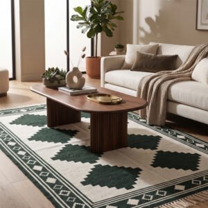 Elegant Geometric Cotton Rug | Handmade Modern Green Area Rug for Living Room and Bedroom
