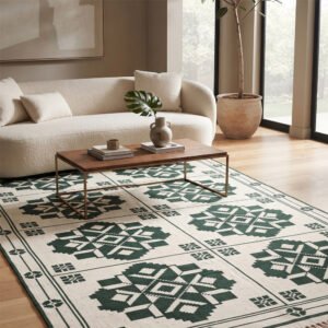 Contemporary Geometric Cotton Rug | Handmade Artistic Green Area Rug for Modern Home Interiors