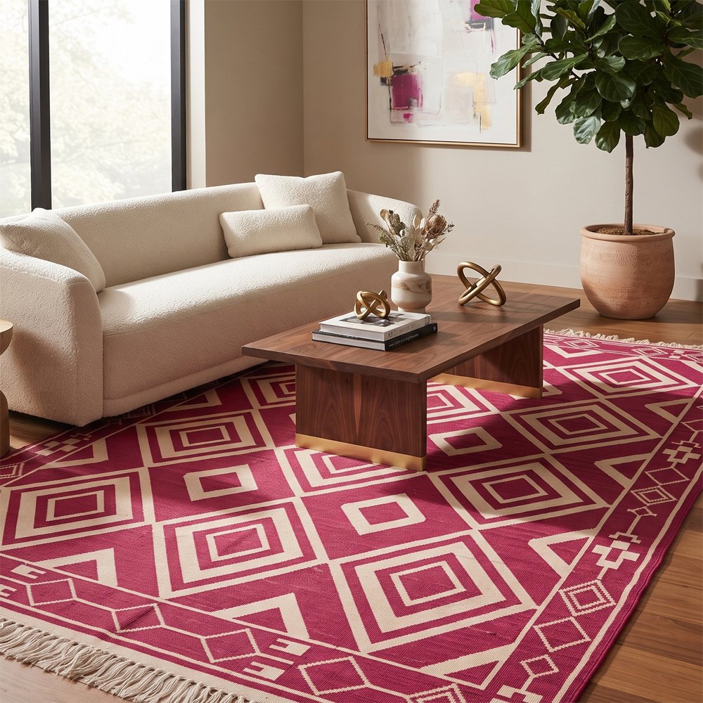 112 Artistic Modern Cotton Rug Pink | Contemporary Geometric Pattern for Living Room and Bedroom - Image 1