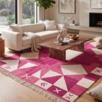 Geometric Shapes Cotton Rug | Handwoven Modern Pink Area Rug for Living Room and Bedroom - Image 2