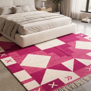 Geometric Shapes Cotton Rug | Handwoven Modern Pink Area Rug for Living Room and Bedroom