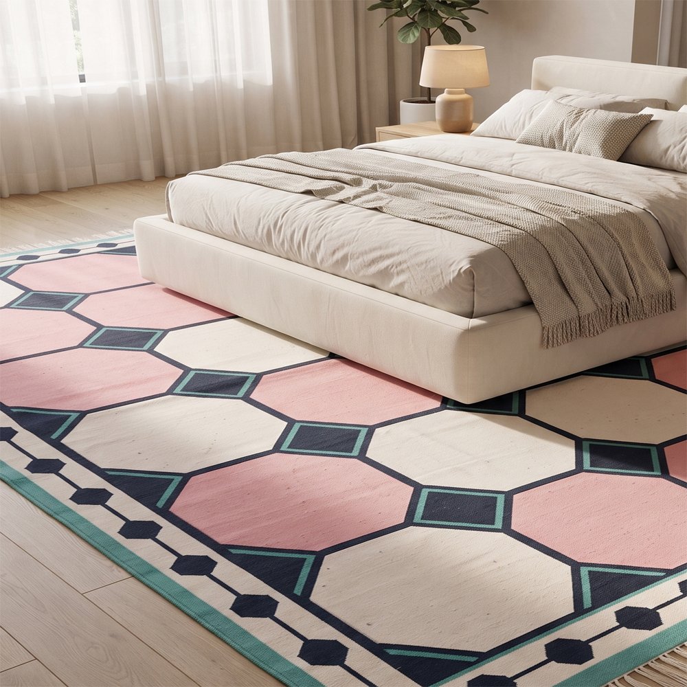 130 Modern Patterned Cotton Rug Pink | Handwoven Geometric Design for Elegant Home Interiors - Image 1