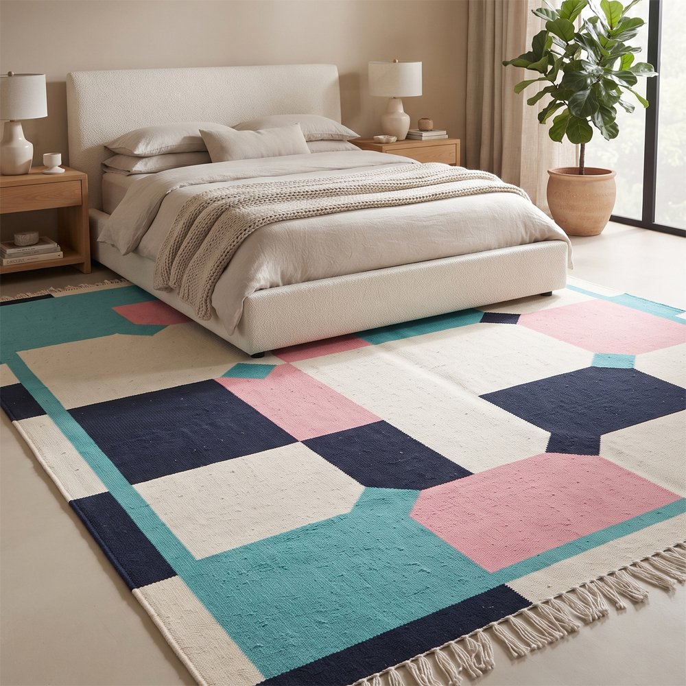 135 Premium Abstract Cotton Rug | Multicolor Artisan Handcrafted Area Rug for Contemporary Home Decor - Image 1