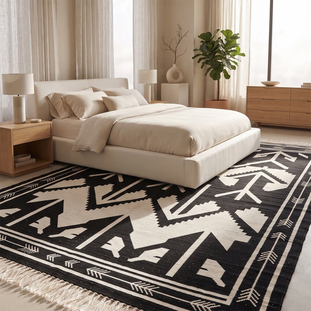 140 Unique Abstract Cotton Rug | Handmade Handwoven Black Artistic Floor Rug for Modern Interiors - Image 1