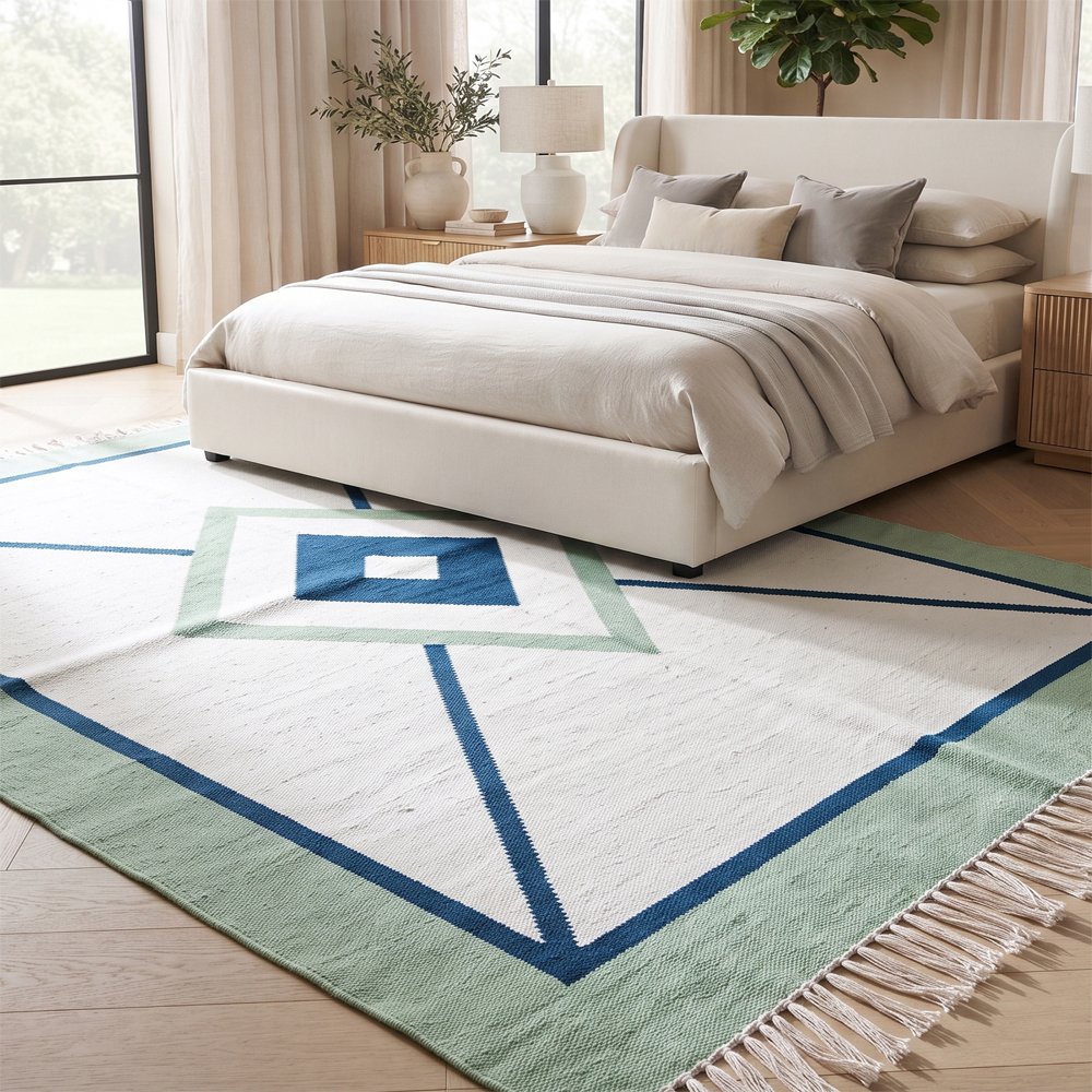 15 Premium Handwoven Cotton Rug | Geometric Pattern Blue & Green Floor Rug for Contemporary Living Spaces - Image 1