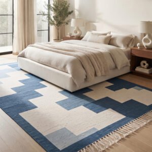 Timeless Abstract Handwoven Cotton Rug | Blue Artistic Decorative Area Rug for Modern Home Interiors