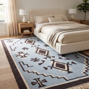 Bold Geometric Handwoven Cotton Rug | Blue Modern Patterned Area Rug for Contemporary Interiors