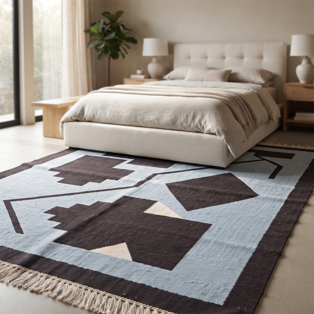 160 Abstract Boho Handwoven Cotton Rug | Blue Natural Artistic Area Rug for Modern Living Spaces - Image 1