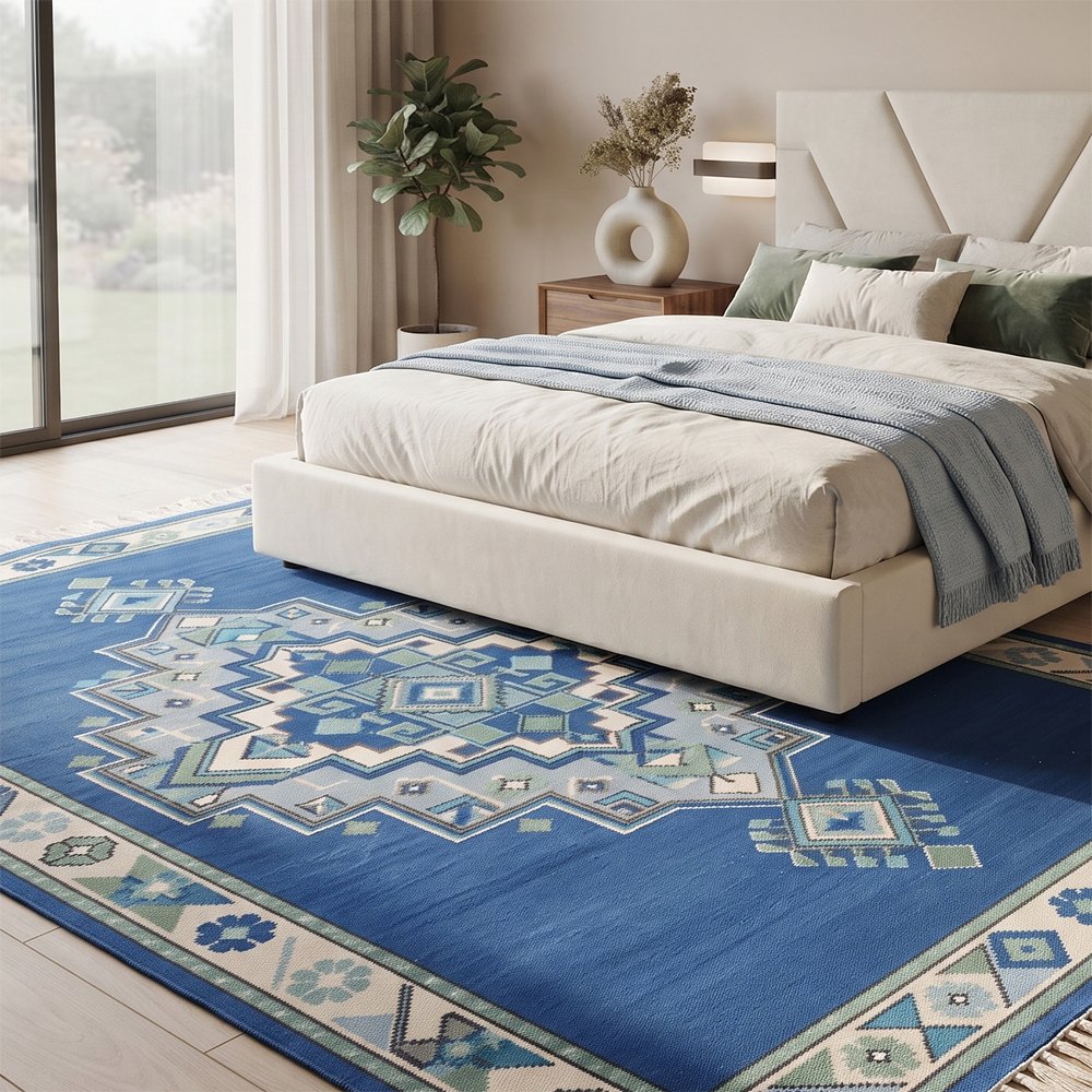 165 Traditional Handwoven Cotton Rug | Timeless Artisan Pattern Blue Rug for Elegant Home Interiors - Image 1