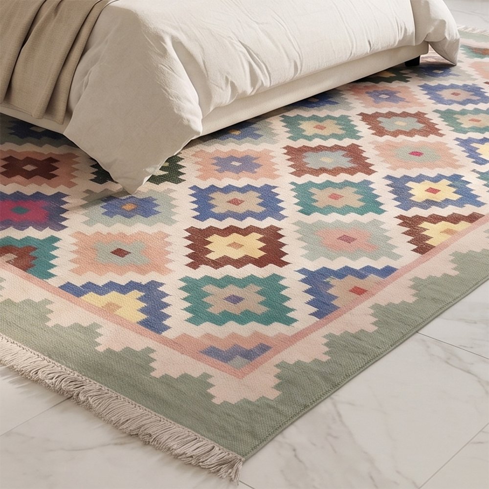 17 Modern Geometric Handwoven Cotton Rug | Multicolor Artistic Area Rug for Elegant Living Spaces - Image 1