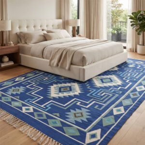Heritage Inspired Cotton Rug | Blue Rug Handcrafted Traditional Design for Living Room and Bedroom
