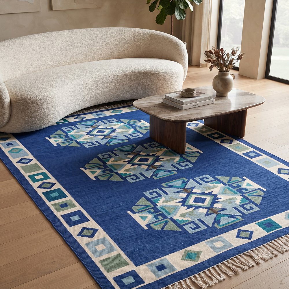 174 Artisan Heritage Cotton Rug | Blue Handmade Traditional Area Rug for Elegant Living Spaces - Image 1