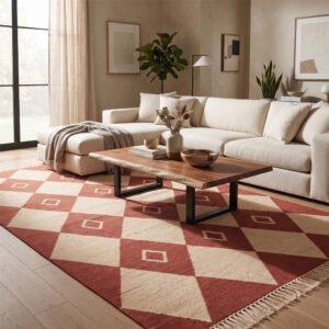 Timeless Modern Geometric Cotton Rug | Ivory & Brown Artisan Handwoven Area Rug for Stylish Home Interiors