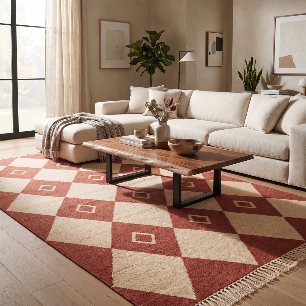 179 Timeless Modern Geometric Cotton Rug | Ivory & Brown Artisan Handwoven Area Rug for Stylish Home Interiors - Image 1