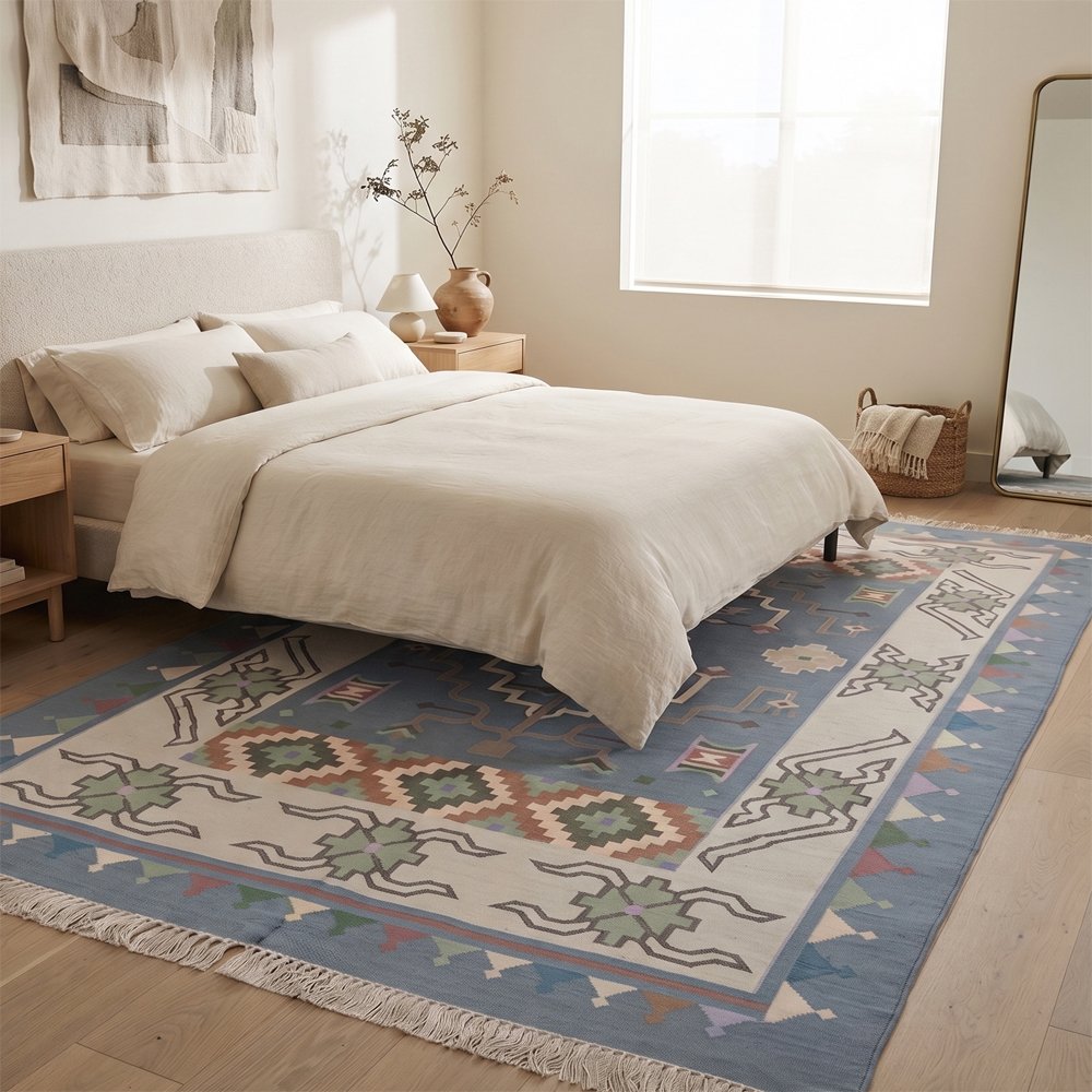 19 Heritage Inspired Cotton Rug | Blue Handcrafted Traditional Design for Living Room and Bedroom - Image 1