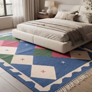Modern Geometric Texture Cotton Rug | Handwoven Multicolor Decorative Area Rug for Living Room and Bedroom