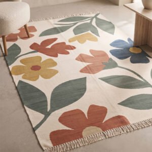 Handwoven Cotton Rug | Elegant Multicolor Floral Pattern for Living Room Bedroom and Stylish Home Decor