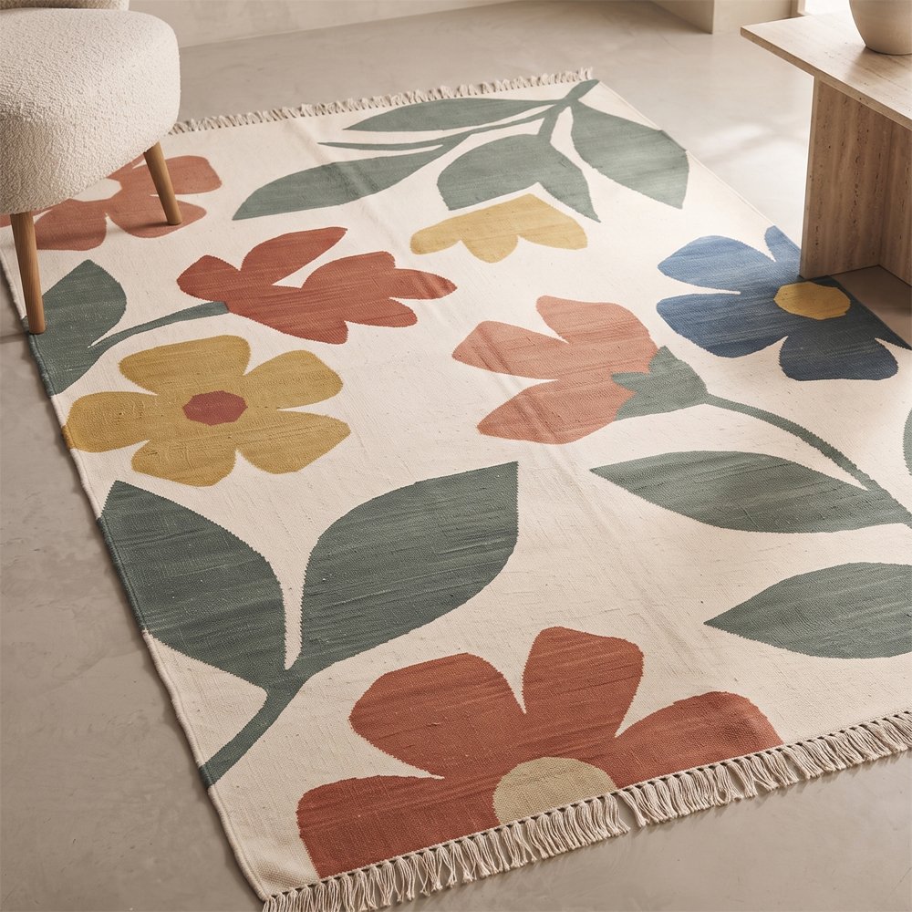 2 Handwoven Cotton Rug | Elegant Multicolor Floral Pattern for Living Room Bedroom and Stylish Home Decor - Image 1
