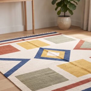 Geometric Rhythm Handwoven Cotton Rug Multicolor | Modern Artistic Pattern for Elegant Home Decor