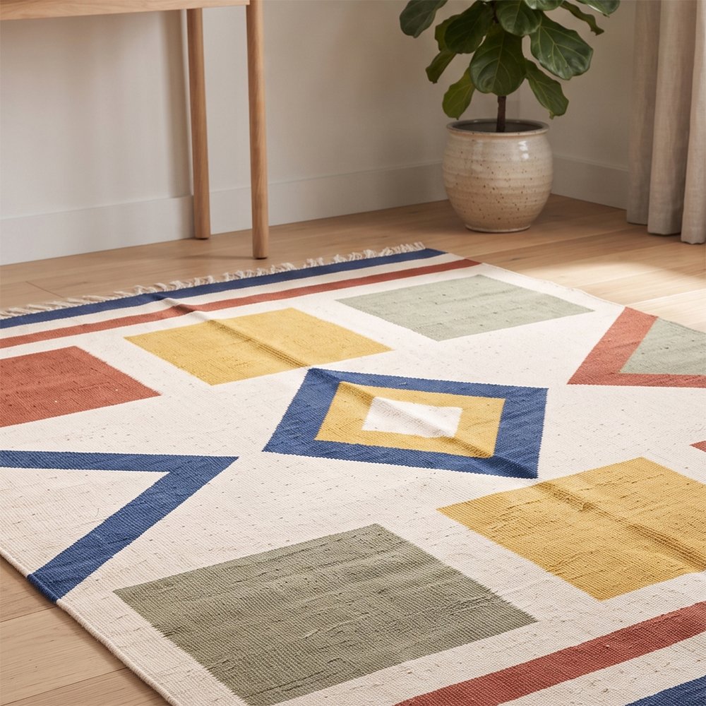 202 Geometric Rhythm Handwoven Cotton Rug Multicolor | Modern Artistic Pattern for Elegant Home Decor - Image 1