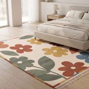 Elegant Floral Handwoven Cotton Rug | Artisan Patterned Multicolor Area Rug for Stylish Home Interiors