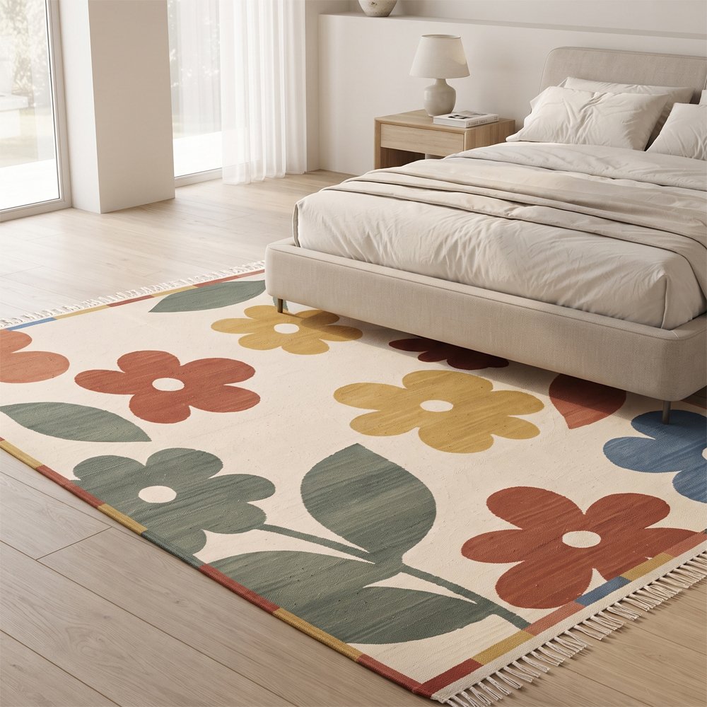 21 Elegant Floral Handwoven Cotton Rug | Artisan Patterned Multicolor Area Rug for Stylish Home Interiors - Image 1