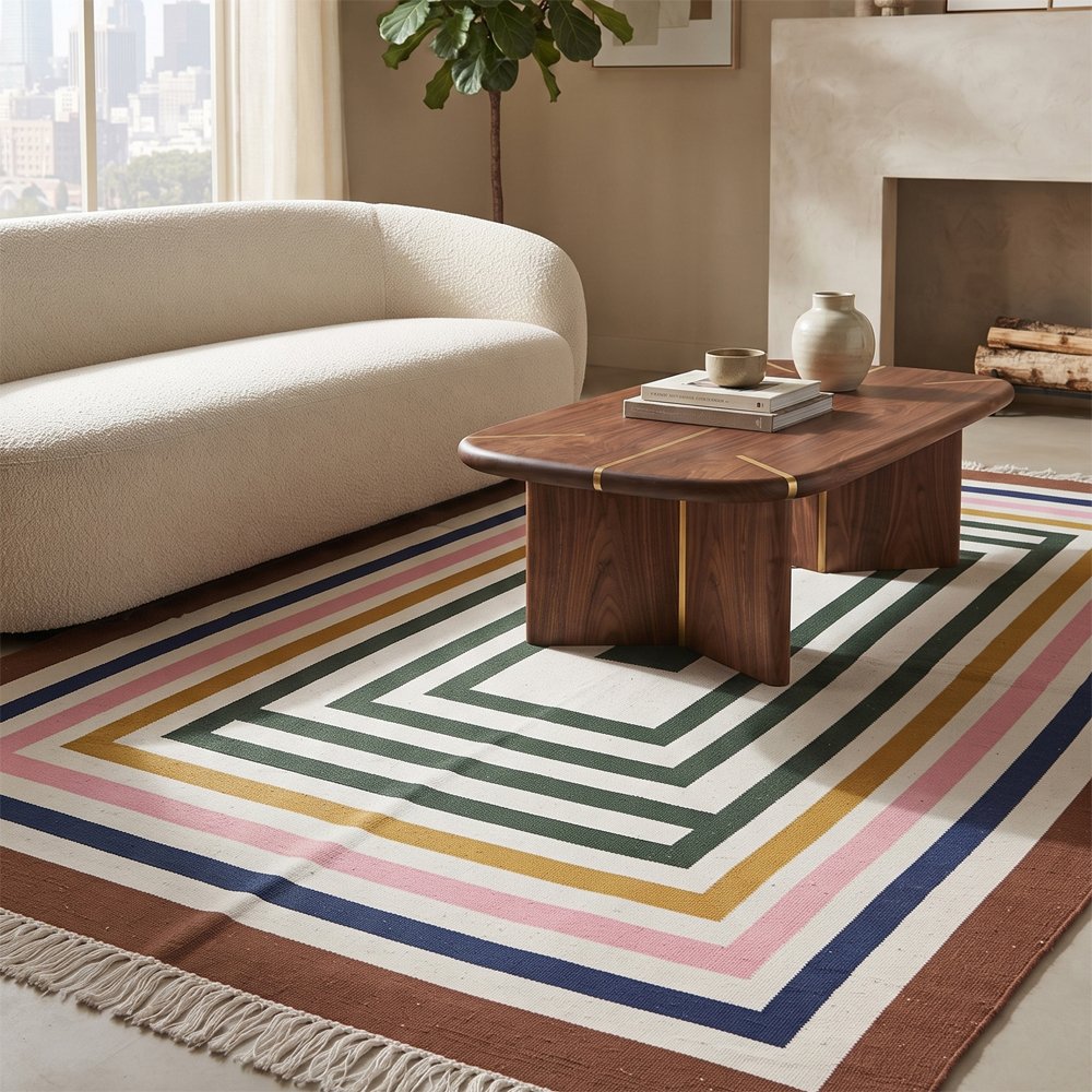 210 Abstract Lines Cotton Rug | Multicolor Artisan Handwoven Floor Rug for Living Room Bedroom and Study - Image 1