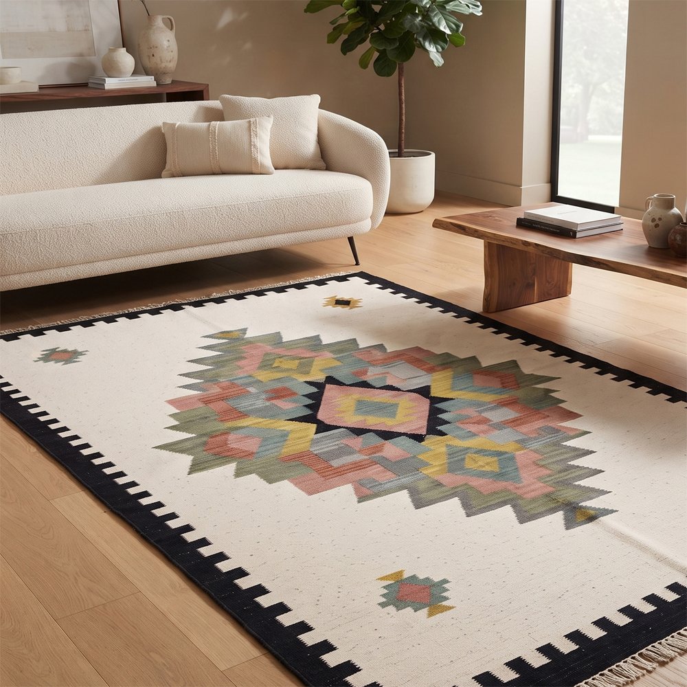 227 Indian Inspired Handwoven Cotton Rug | Multicolor Traditional Artistic Pattern for Beautiful Home Interiors - Image 1