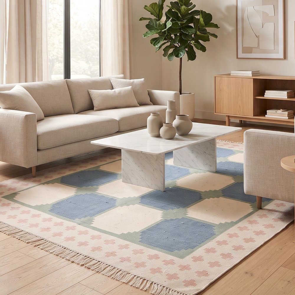 24 Artistic Geometric Handwoven Cotton Rug | Blue & Green Elegant Decorative Area Rug for Contemporary Homes - Image 1