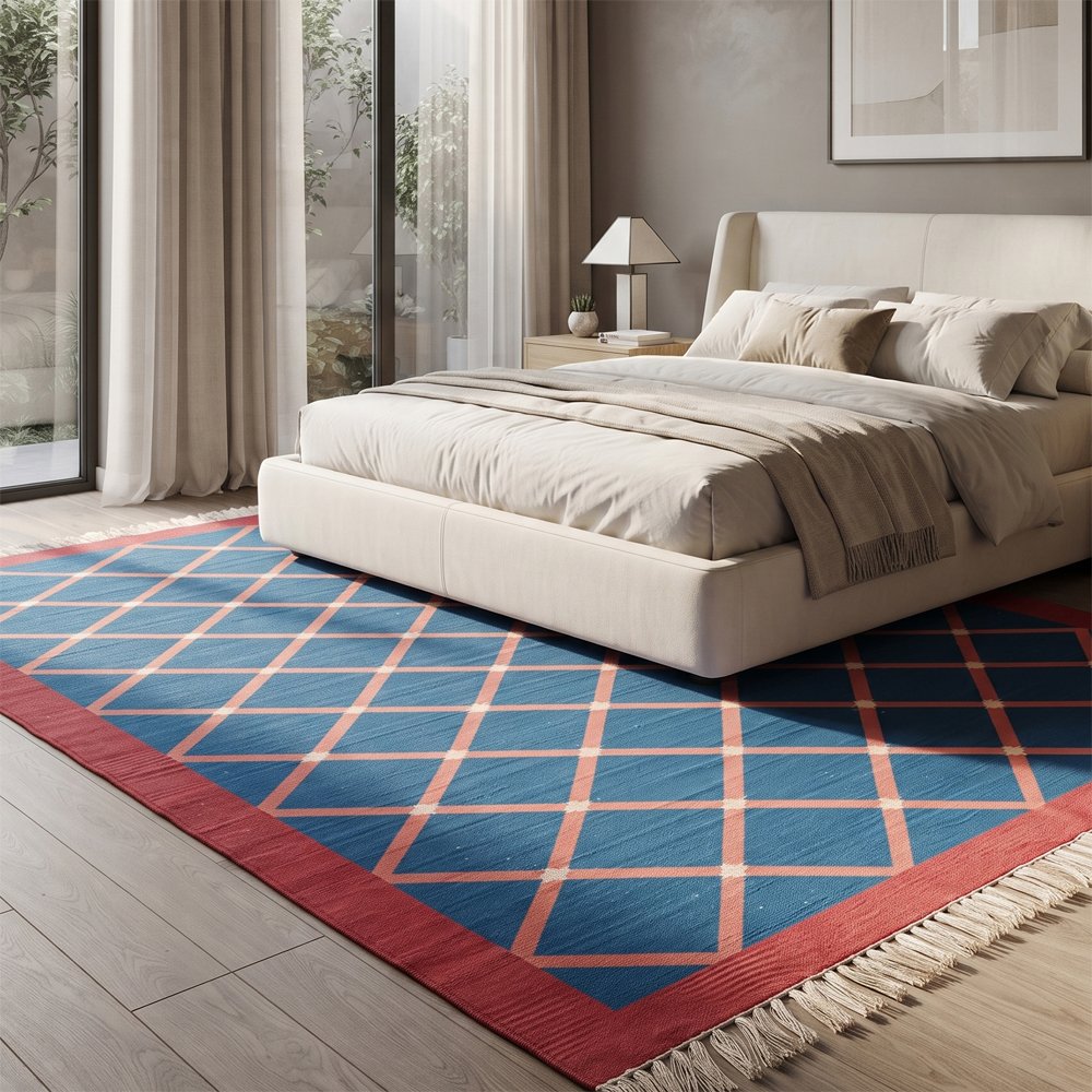 247 Artistic Modern Cotton Rug | Contemporary Blue Geometric Pattern Rug for Living Room and Bedroom - Image 1