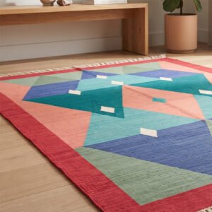 Minimal Modern Geometric Rug | Handcrafted Cotton Multicolor Area Rug for Contemporary Home Styling