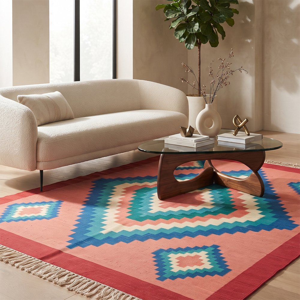 256 Modern Geometric Handwoven Cotton Rug | Multicolor Elegant Pattern for Contemporary Living Spaces - Image 1