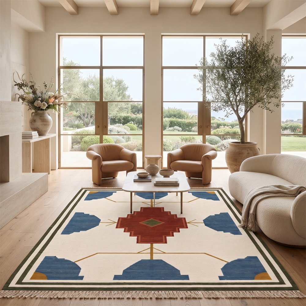 26 Modern Artisan Handwoven Cotton Rug | Elegant Decorative Blue & Brown Area Rug for Contemporary Spaces - Image 1