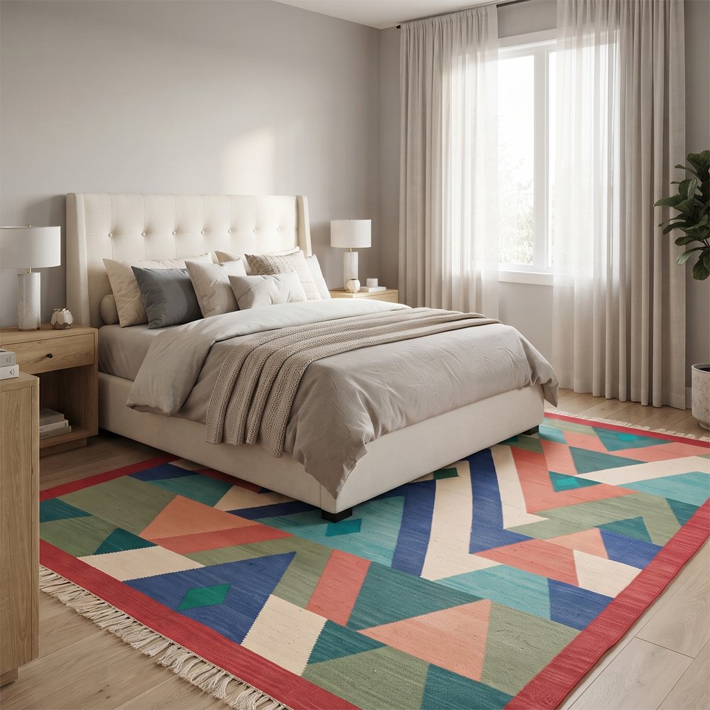 262 Artisan Handwoven Cotton Rug | Multicolor Abstract Pattern Area Rug for Living Room Bedroom and Home - Image 1