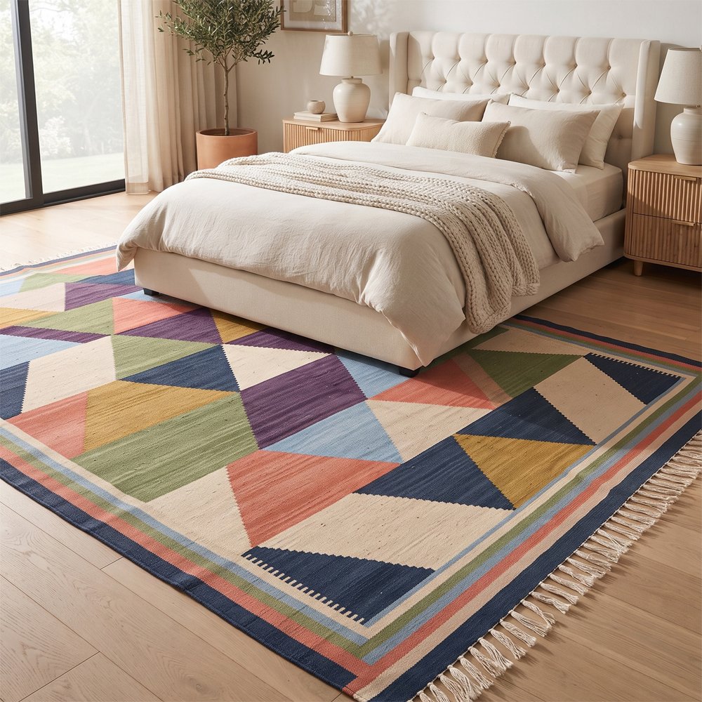 27 Multicolor Handwoven Cotton Rug | Contemporary Geometric Area Rug for Living Room and Bedroom - Image 1