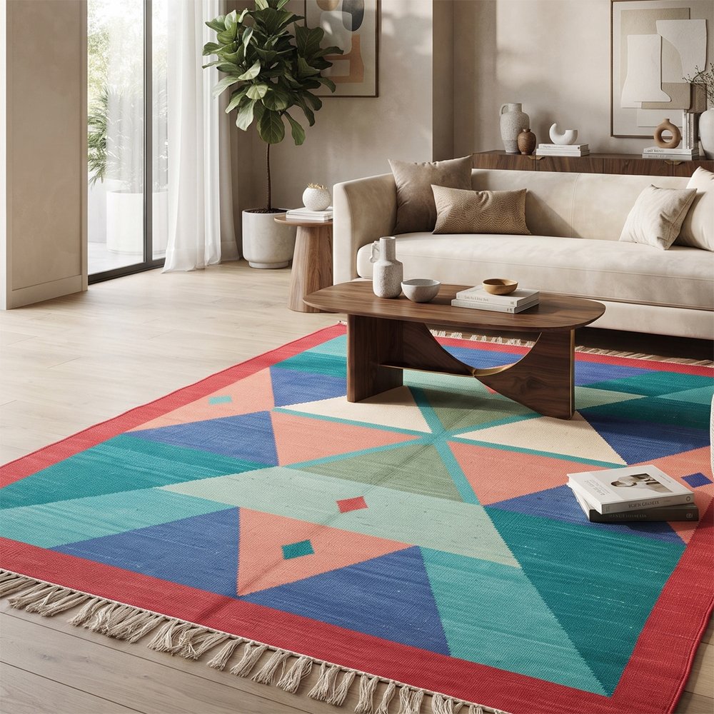 271 Elegant Abstract Handwoven Cotton Rug | Contemporary Multicolor Area Rug for Stylish Home Decor - Image 1