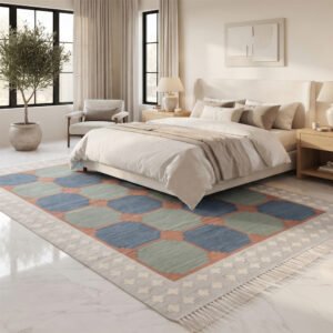 Premium Cotton Rug | Bold Blue & Green Rug Geometric Design for Contemporary Home Decor