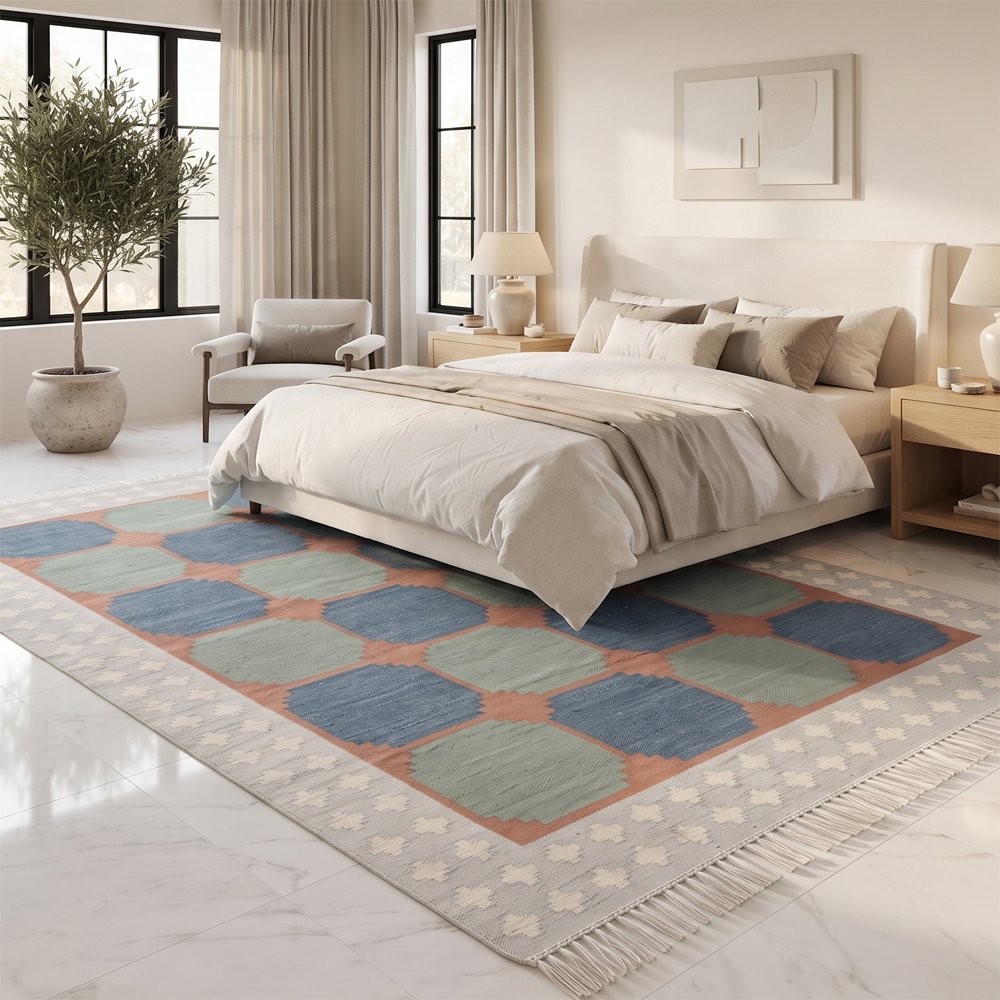 29 Premium Cotton Rug | Bold Blue & Green Rug Geometric Design for Contemporary Home Decor - Image 1