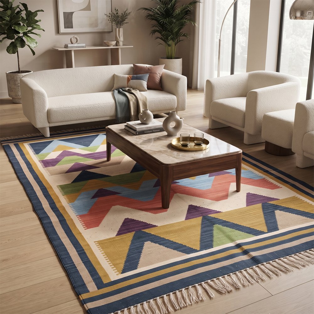 31 Modern Patterned Handwoven Cotton Rug | Multicolor Geometric Area Rug for Contemporary Home Decor - Image 1