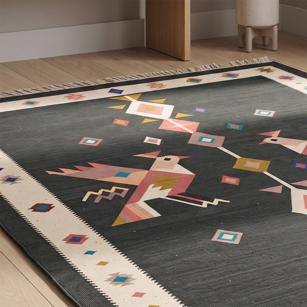 348 Traditional Pattern Handwoven Cotton Rug | Artisan Crafted Multicolor Area Rug for Stylish Home Decor - Image 1