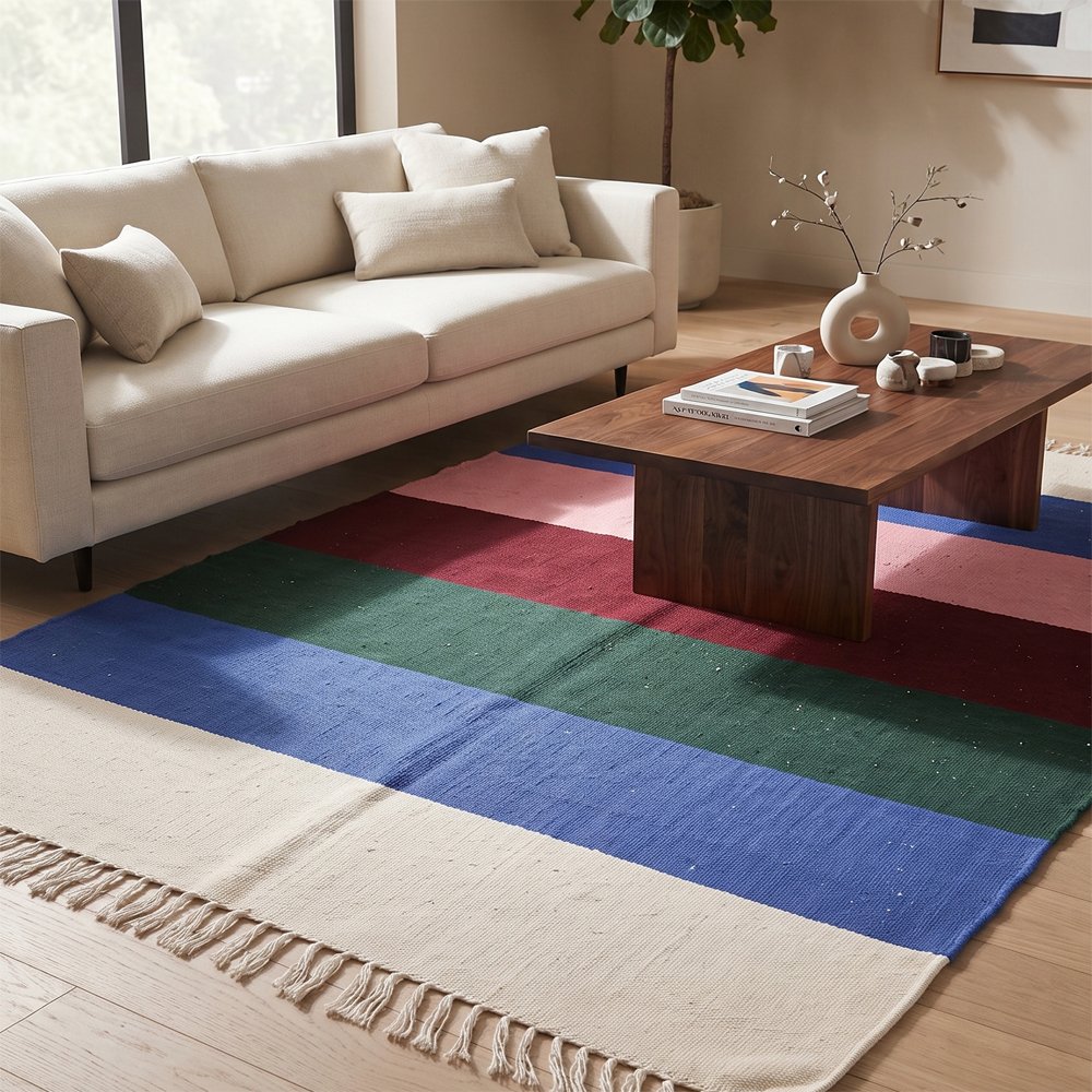 351 Modern Handwoven Cotton Rug | Elegant Striped Design for Contemporary Living Room and Bedroom - Image 1