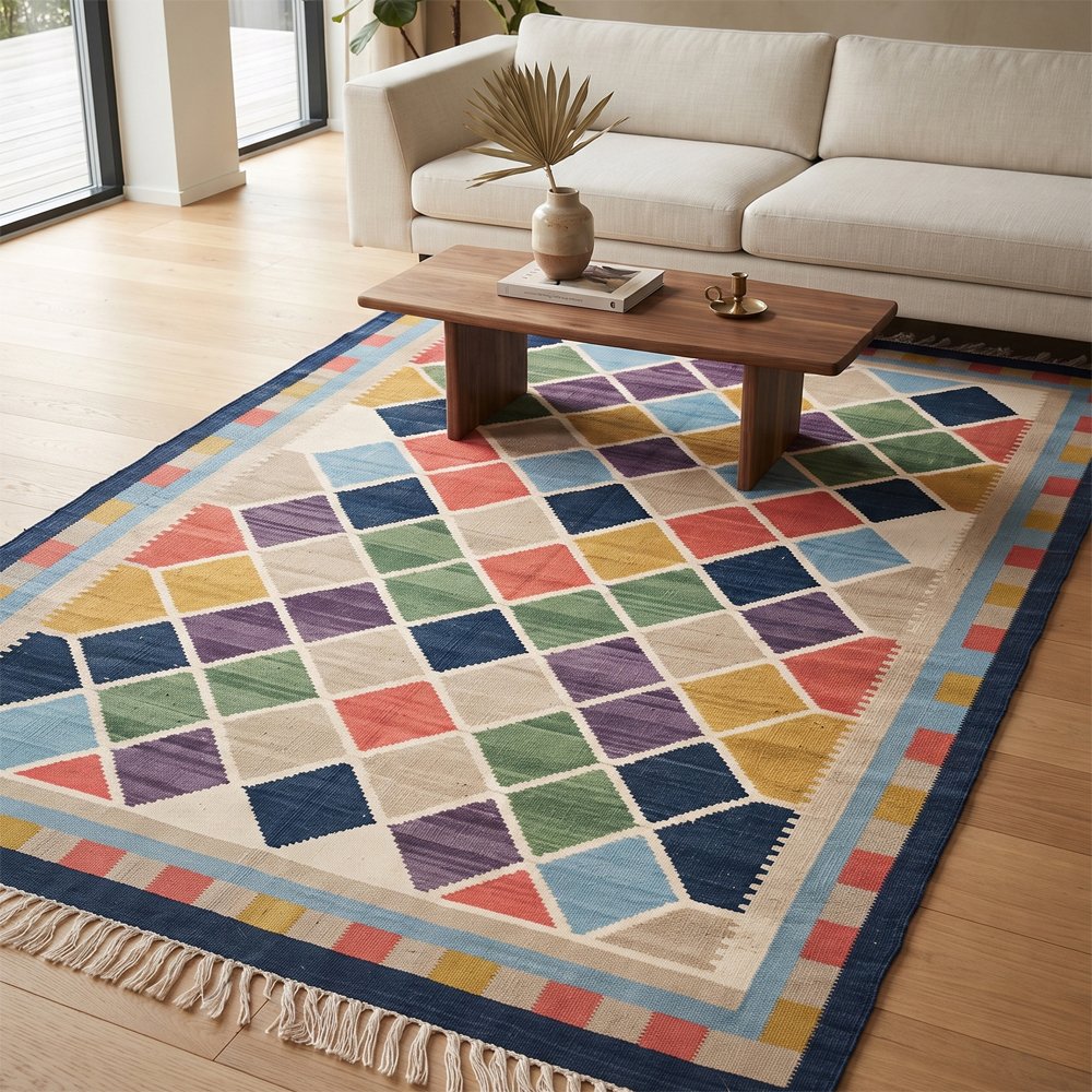 36 Diamond Pattern Cotton Rug | Handwoven Multicolor Geometric Area Rug for Living Room and Bedroom - Image 1