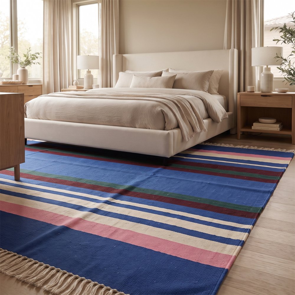 362 Aesthetic Handwoven Cotton Rug | Minimal Multicolor Striped Pattern for Elegant Living Spaces - Image 1