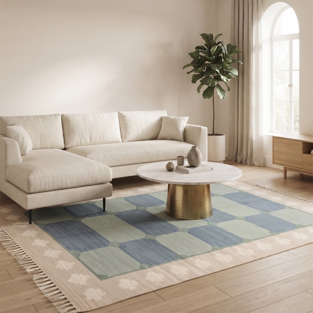 37 Contemporary Handwoven Cotton Rug | Blue & Green Rug Refined Geometric Pattern for Modern Interiors - Image 1