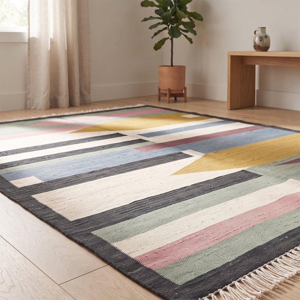372 Abstract Artisan Cotton Rug | Handmade Handwoven Multicolor Area Rug for Modern Home Decor - Image 1
