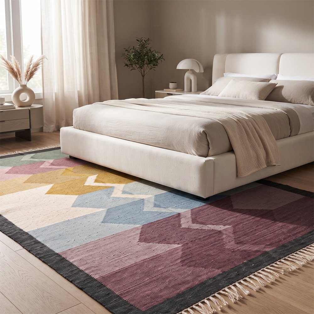 377 Contemporary Abstract Handwoven Cotton Rug | Mlticolor Decorative Area Rug for Modern Homes - Image 1