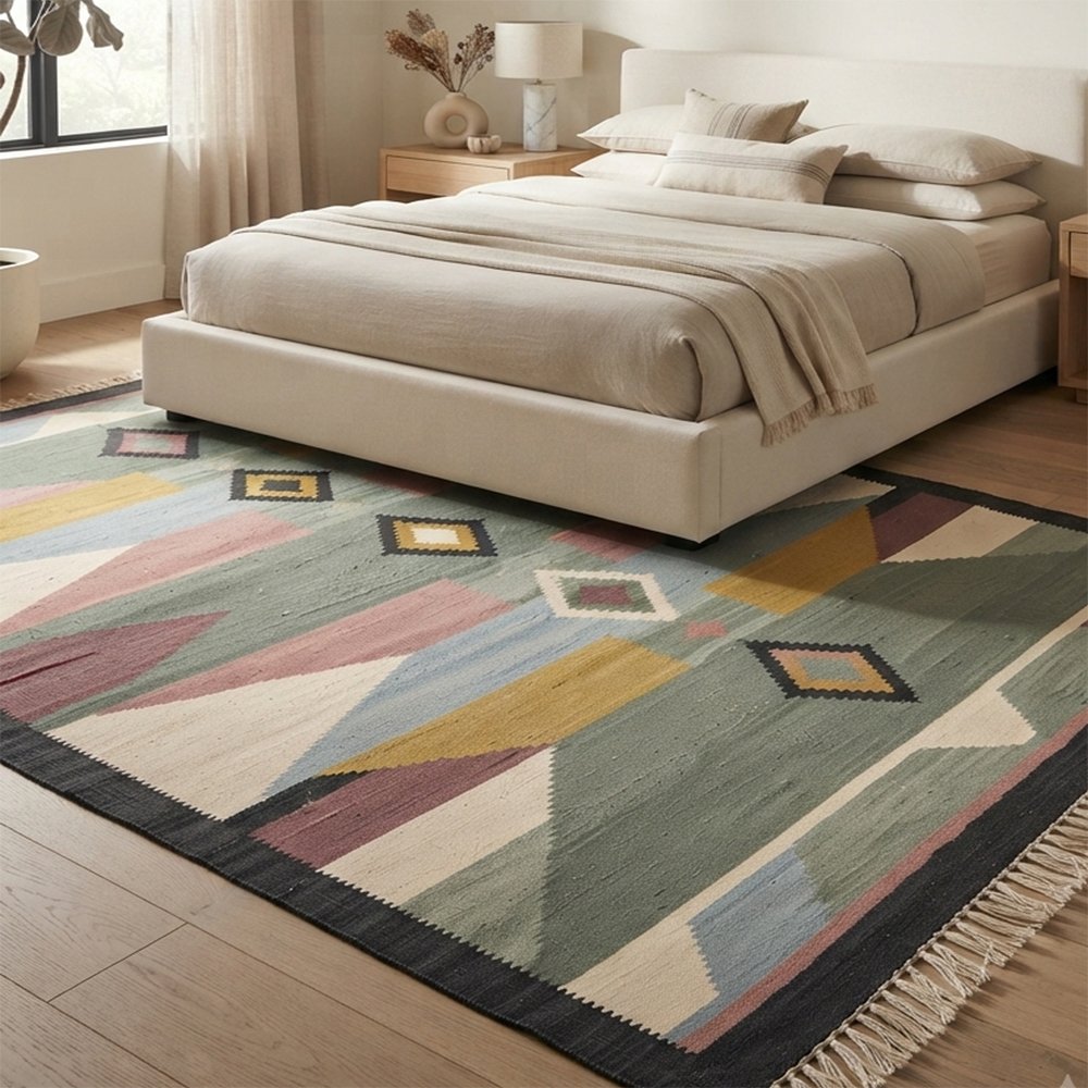 382 Creative Abstract Handwoven Cotton Rug | Multicolor Decorative Floor Rug for Elegant Living Spaces - Image 1
