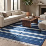Modern Artisan Cotton Rug | Blue Striped Design for Living Room Bedroom and Home Decor - Image 2