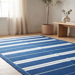 Modern Artisan Cotton Rug | Blue Striped Design for Living Room Bedroom and Home Decor