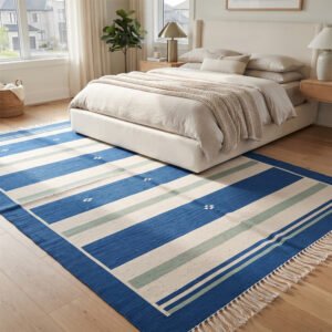 Premium Handwoven Cotton Rug | Contemporary Blue Striped Area Rug for Stylish Modern Interiors